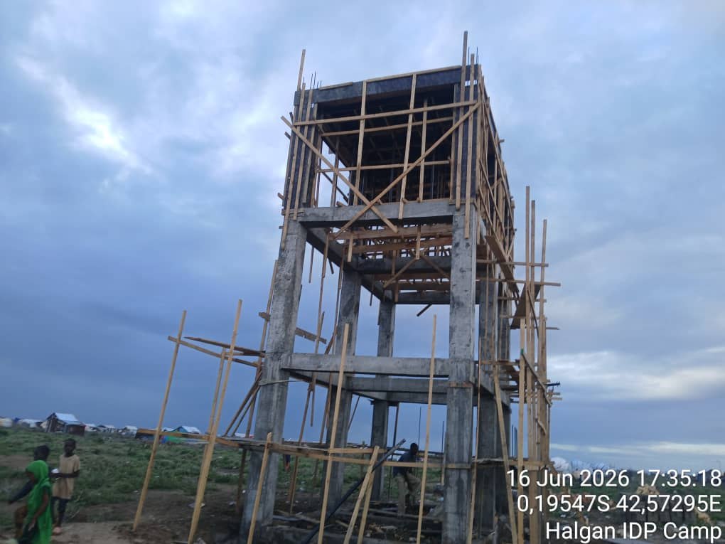 Halgan IDP Camp water tower — scaffolded superstructure, 16 June 2026.